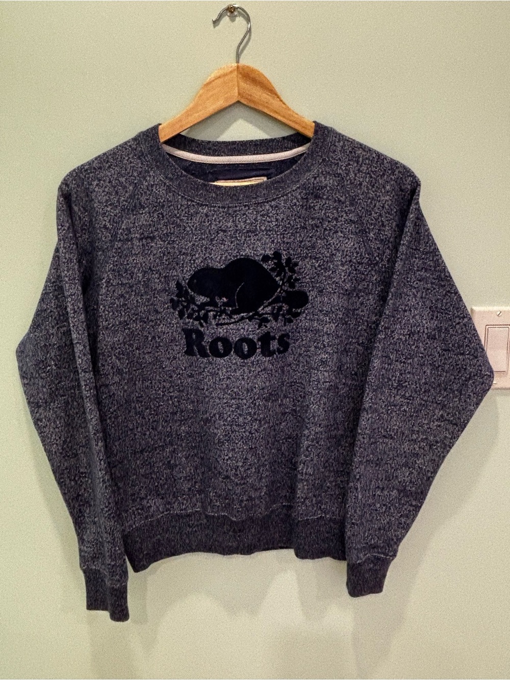 Roots Original Cooper Beaver Logo Salt & Pepper Crewneck Sweatshirt Blue Small